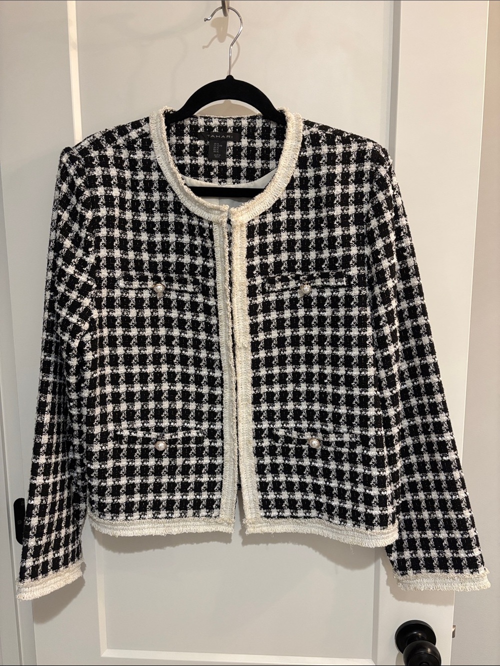 Tahari Black and White Tweed Pearl-Trim Jacket